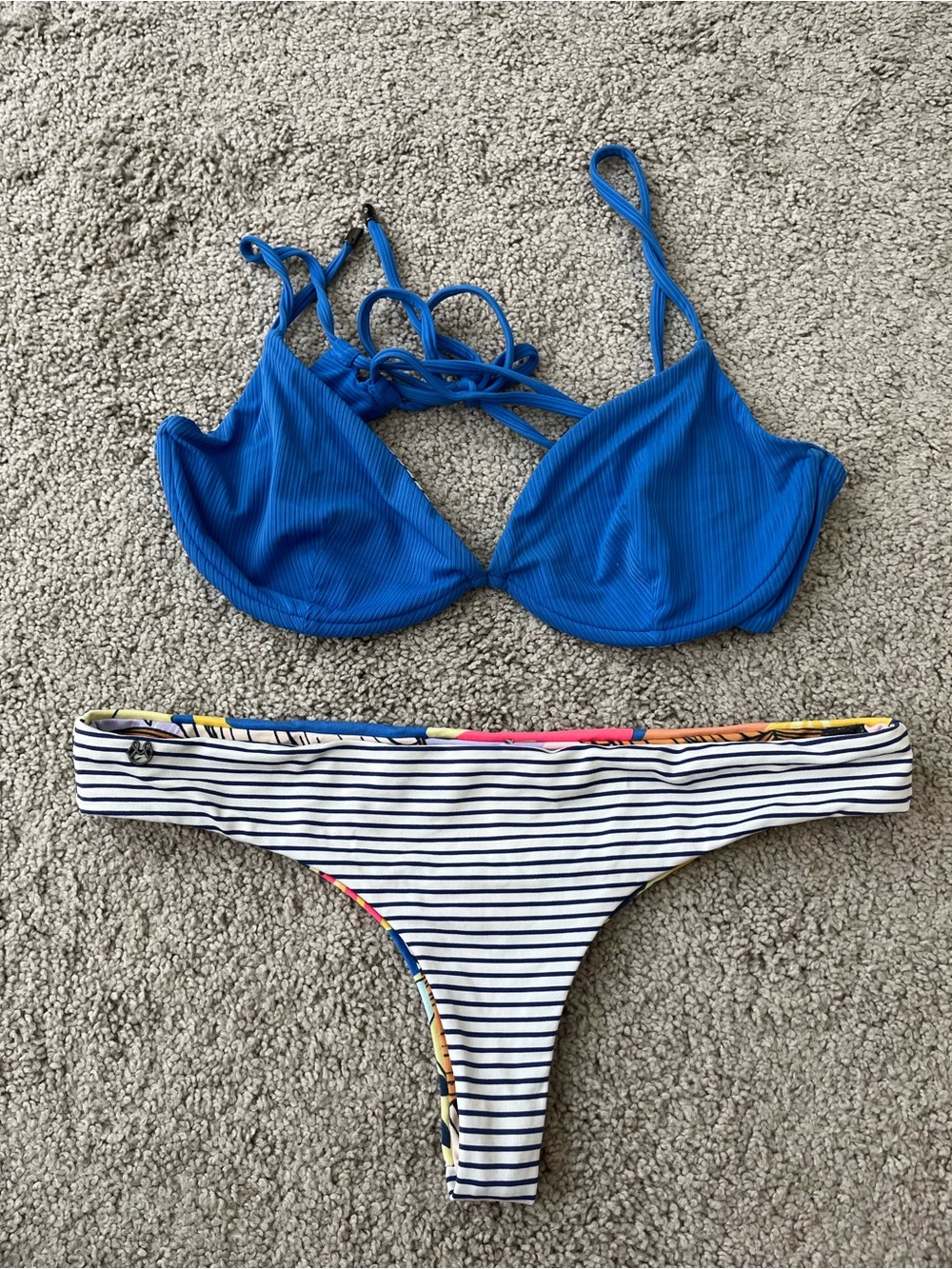 Maaji Reversible Set - Blue Ribbed Bikini Top with Striped Floral Bottoms
